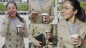 Collage of medium, close up shots of young brown-skinned woman in glasses and in camel trench walking outside, holding coffee in one hand, phone and tablet in another, texting. Communication concept