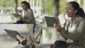 Collage of brown-skinned woman in glasses and in camel trench sitting on stairs, having video chat on tablet with earphones, waving hand, texting on PC. Communication, wireless technology concept 