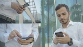 Collage of medium and close up shots of young handsome businessman sitting outside at building office, texting on phone, swiping information. Work, freelance concept