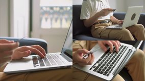 Collage of medium and close up shots of Caucasian man in white T-shirt and sand trousers sitting at home, working on laptop, paying online with credit card. Work, online shopping concept