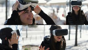 Collage of medium and close up shots of young dark-haired excited woman in warm black waistcoat saying wow in virtual reality glasses, turning head to right, then to left, smiling. VR concept