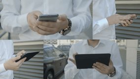 Collage of medium and close up shots of young male hands typing on phone and tablet while walking. Lifestyle, communication concept