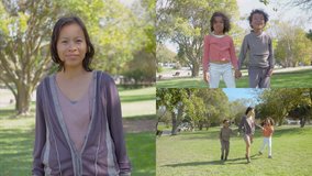 Collage of long and medium shots of Asian mother and Afro-american daughter and son spending time together in park, having fun, holding hands and smiling. Family, holiday concept