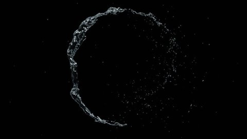 Water circle looping with reflections on black background, Water Splash Spinning flow, Liquid Wave shape from crystal nature water and bubble drop. Alpha matte, slow motion, rapid, seamless loop, cg.
