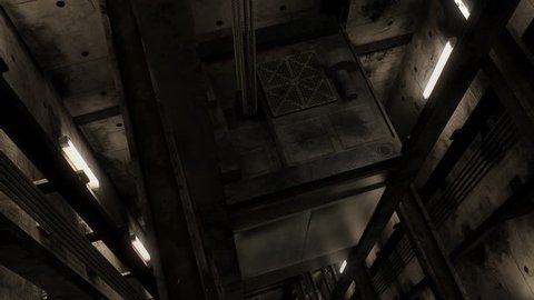 Elevator car descending down shaft, overhead traction interior