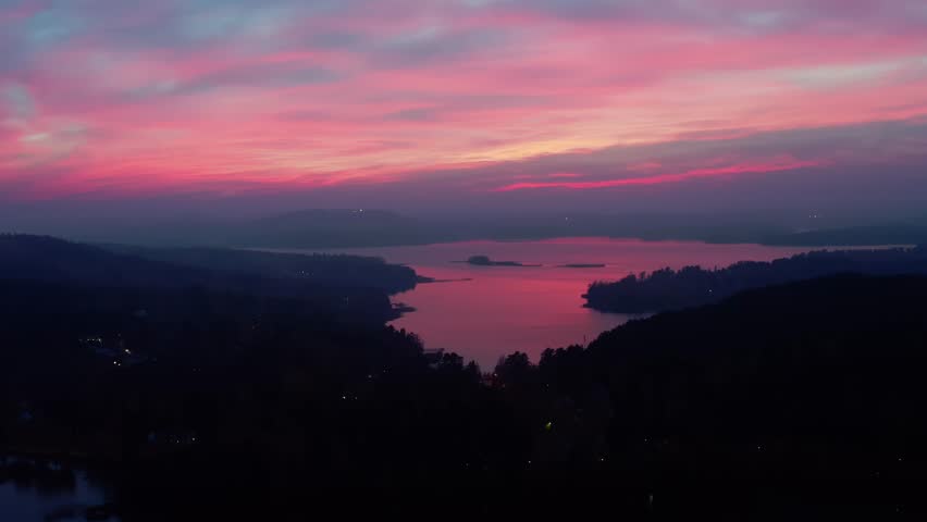 Aerial view of the beautiful sunset over the lake in finland.