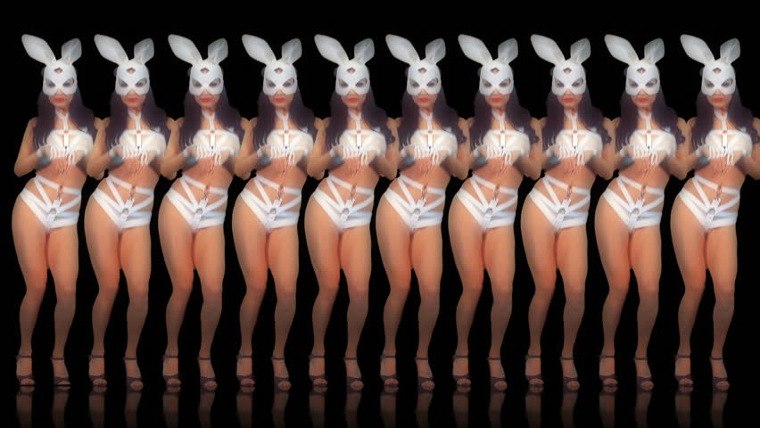 Amazing Go Go Girl jumping in bunny rabbit costume and white mask on colorful motion background with strobing effect. Video Art Vj Loop