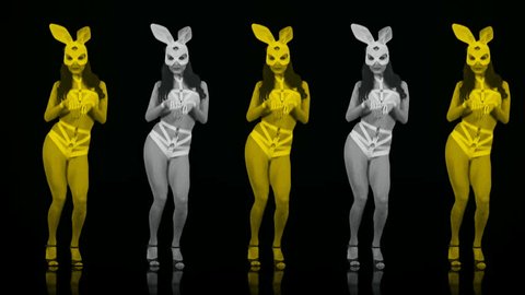 Amazing Go Go Girl jumping in bunny rabbit costume and white mask on colorful motion background with strobing effect. Video Art Vj Loop