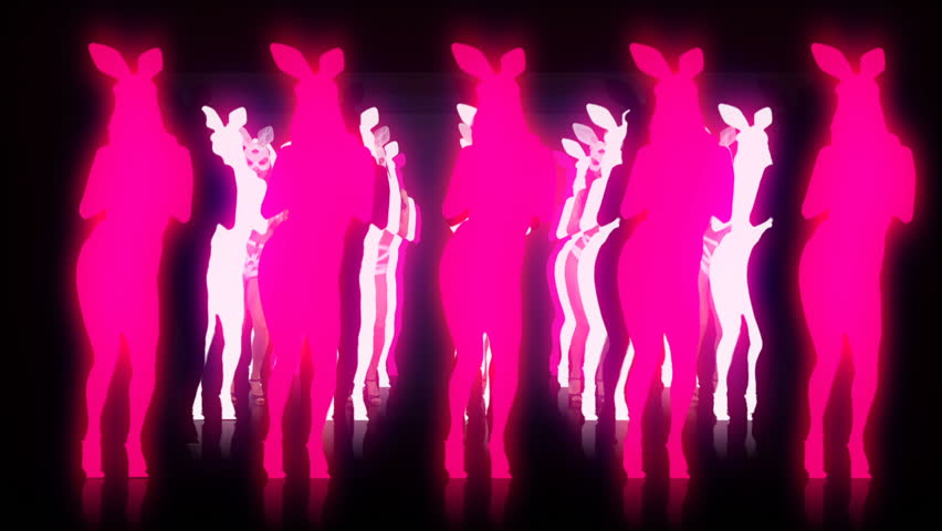 Amazing Go Go Girl jumping in bunny rabbit costume and white mask on colorful motion background with strobing effect. Video Art Vj Loop