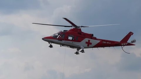 Poprad, Slovakia - JULY 29, 2014: Demonstration stocks rescue helicopter on air show.