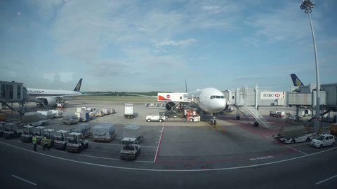 Singapore, Singapore - November 12 2018: Time lapse of Singapore Airlines SQ12 at Changi International Airport Terminal 3, Gate 12A.