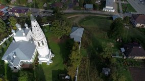 Flight over the old Spaso-Preobrazhensky Cathedral, September day (shooting from the quadcopter). Sudislavl. Kostroma region, Russia  