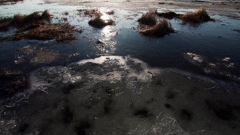 Steadicam view of frozen lake surface, snow and thin ice with dry grass. Hanka lake, Russia. Sunny