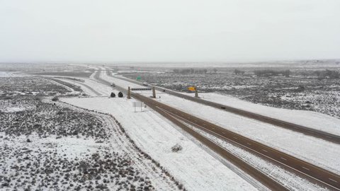 Aerial video snow storm New Mexico Highway I40 March 2019