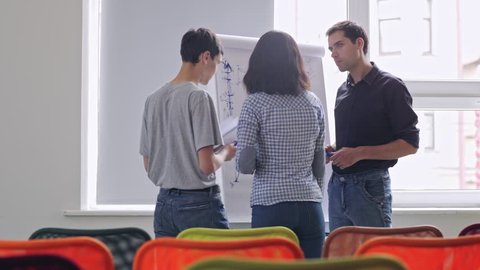 Panning shot of professional mentor helping two start-up entrepreneurs to plan business strategy. Business trainer drawing graphs on flip chart to explain key points to young business people