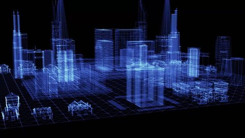 The hologram of a fly over modern city. 3D animation of aerial view downtown area on a black background with a seamless loop