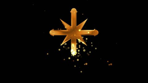 Golden scientology cross on transparent background. Appearance from glitter golden particles effect. Stardust cloud. Glitter effect. 4k video with alpha channel.