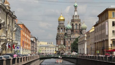 Cityscape View of the Church of the Savior on Spilled Blood in Saint Petersburg, Russia. View from the Griboyedov Canal. 