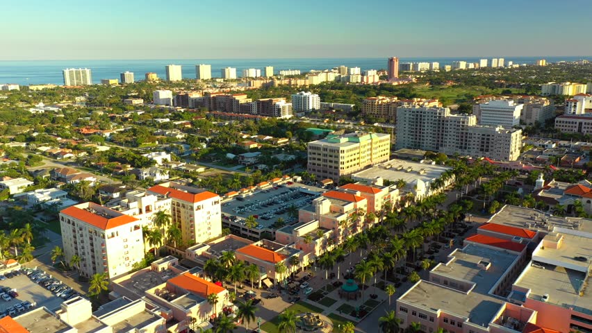 Aerial pull out shot Mizner Park Boca Raton FL