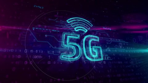 5G - 5th generation of mobile communication. High speed wireless cellular network for phone and IOT. 3D hologram symbol on dynamic digital background.