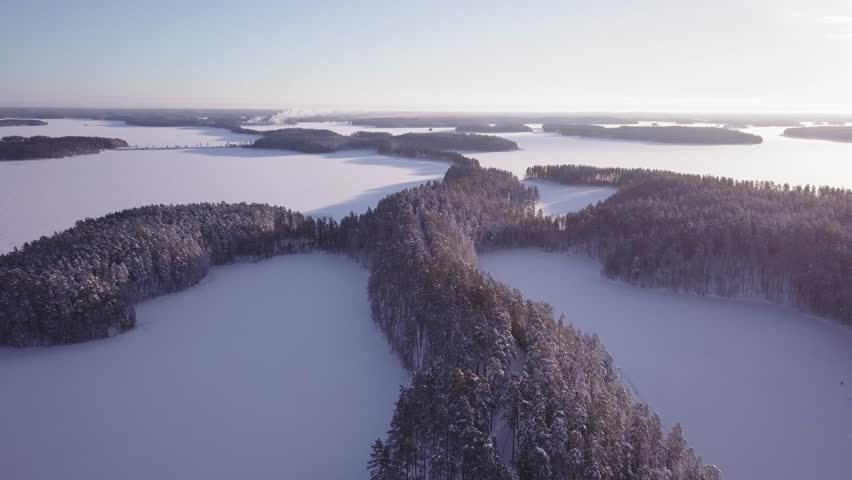 Punkaharju ridge forest and lake Saimaa. Aerial view of Finnish national ladscape in winter.
