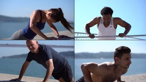Collage of people of different age and races working out at quay, doing push-ups. Training or healthy lifestyle concept