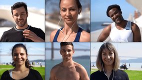 Collage of young people of different races in sportswear before or after training, looking at camera and smiling. Sport, lifestyle concept