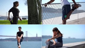 Collage of young women and men performing leg stretching exercise at quay. Training or healthy lifestyle concept