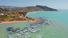 Incredible morning view of Giallonardo Beach. Fantastic spring seascape of Mediterranean sea, Sicily, Italy, Europe. 4k drone forward video (Ultra High Definition).