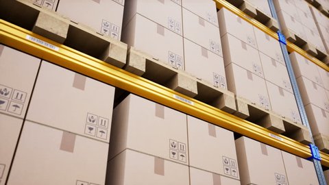 Cargo pallets and brown boxes on metal shelves in a modern logistics center. Loopable 60 fps animation.