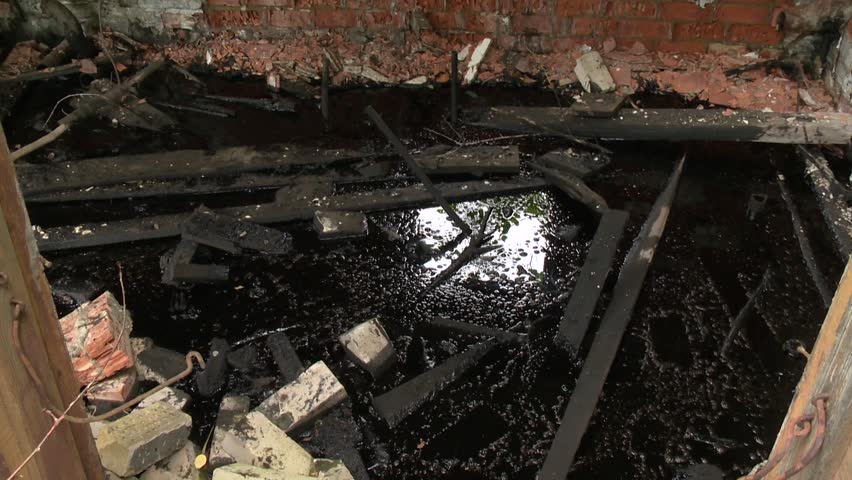 abandoned army building with oil chemicals on floor and green tree leaves. Eco catastrophe. Handheld focus change shot.