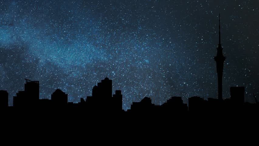 Auckland by Night with Stars and Milky Way: Skyline of City, New Zealand