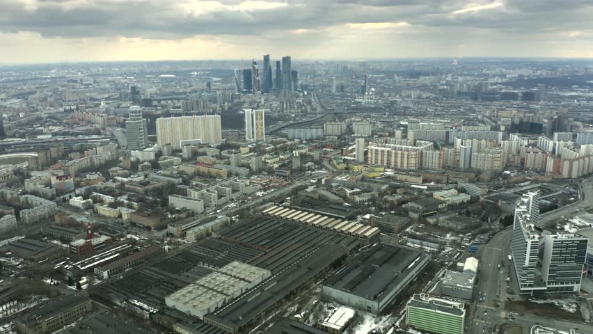 Aerial view of the cityscape of Moscow involving skyscrapers of business center, Russia