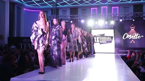 TIMISOARA, ROMANIA - October 18, 2018: Model walk the runway for designer Cosette at Timisoara Fashion Week second edition