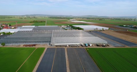 Large modern greenhouse, a large agricultural complex, flying over a greenhouse surrounded by green fields