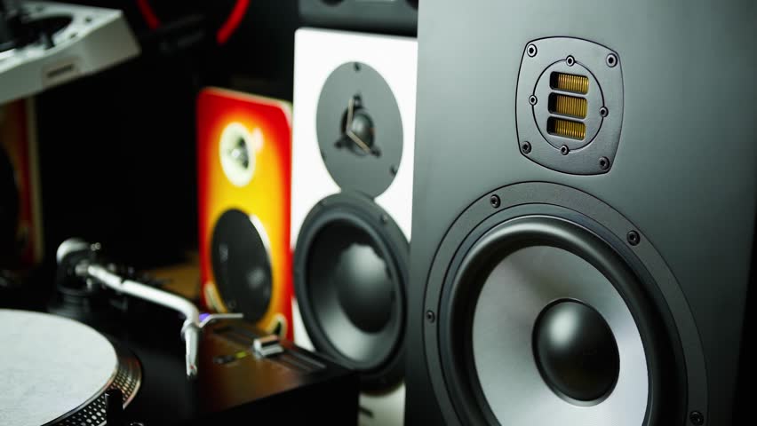 Footage of high quality loudspeakers in dj shop.Buy hifi sound system for sound recording studio.Professional hi-fi cabinet speaker box on sale.Audio equipment for audio record studios, a Technology Video by hurricanehank