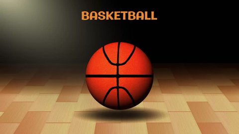 Basketball ball spinning on the wooden floor of the court in slow motion. Sports game concept. 3d 4k animation.
