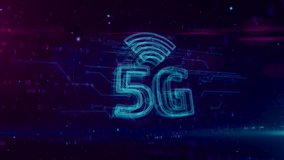 5G - 5th generation of cellular mobile communications. High speed wireless phone network hologram symbol on dynamic digital background. Loopable and seamless 3D animation. - Powered by Shutterstock - Get 15% off with code: PIKWIZARD15