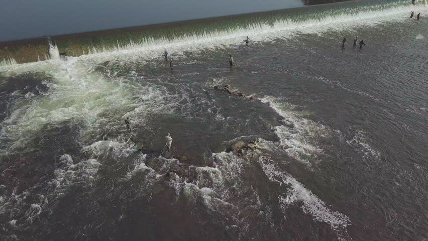 Aerial view fishermen fishing trout in river rapids at base of dam with fishing rods and poles.