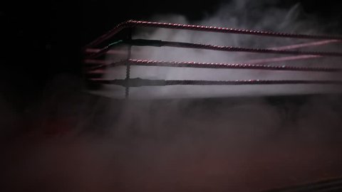 Empty boxing ring with red ropes for match in the stadium arena. Creative artwork decoration. Foggy background with light. Selective focus