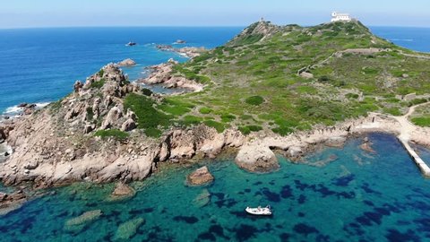 Aerial Drone Footage of a Small Boat off of the Coast of Corsica, France in the Mediterranean Sea
