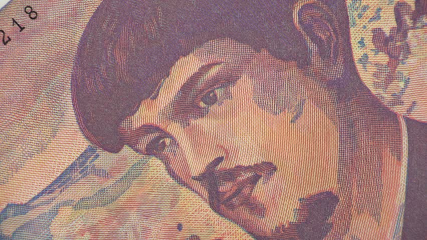 Claude Debussy portrait on French 20 francs rotating. Famous music composer. 4K stock video footage