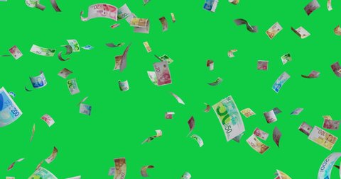 Flying Israeli new shekel mix banknotes - 4K 60fps 3d render Isolated on green background