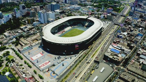 Lima, Peru - March 23 2019: Aerial view of Peruvian national stadium in Lima "Estadio Nacional" used for major sporting events and football matches. Birds eye of sports landmark.