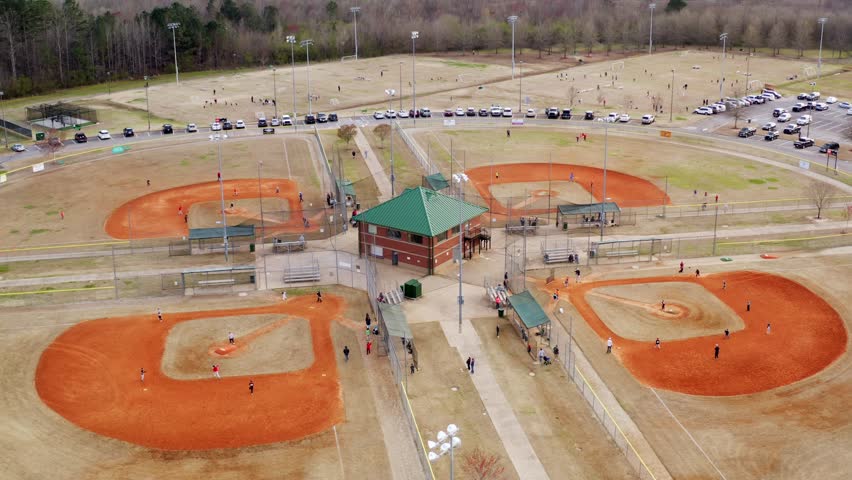 Aerial footage of a baseball field at a local park in north Georgia.