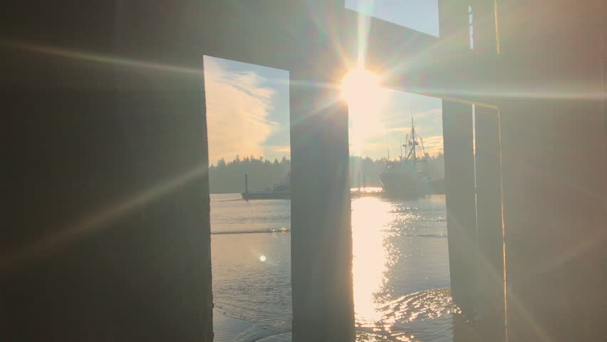 Atmospheric beautiful scenery underneath a dock in Charleston Oregon with sun flare, rays and shadows at sunrise, boats in the background | Shutterstock HD Video #1026305828