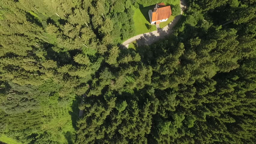 Aerial view to little church in forest, near by Berg, Bavaria, Germany