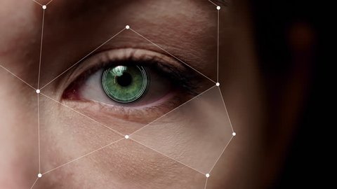Female eye scan facial recognition. Augmented reality. Green female eye scan.