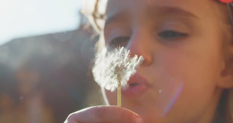 Authentic shot of cute little girl carefree blowing a dandelion outside her house on a sunny day.