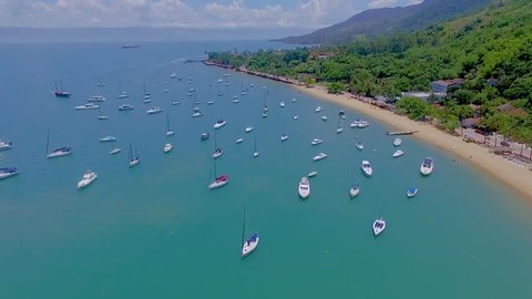 drone shoot from boats and yachts on marina on Brazil coast 
